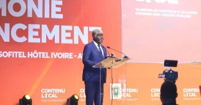 Le Premier ministre ivoirien, Robert Beugré Mambé lors de la cérémonie de lancement de la plateforme numérique dédiée au contenu local dans les activités pétrolières et gazières.