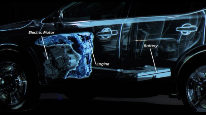 Le système e-Power se compose d'un moteur électrique de 190 ch et d'un moteur essence 3 cylindres turbo de 1,5 l.