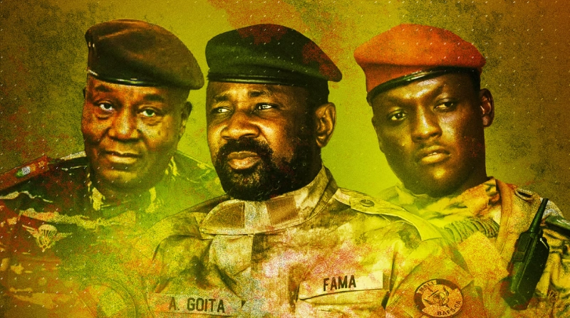 De gauche à droite : Abdourahmane Tiani (Niger) , Assimi Goïta (Mali) et Ibrahim Traoré (Burkina Faso)