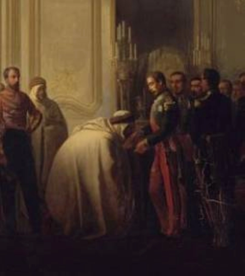 Louis Napoléon recevant l'algérien Abdelkader au palais de Saint-Cloud. Le baise-main contre une belle rente à vie. C'était une simple question d'argent.