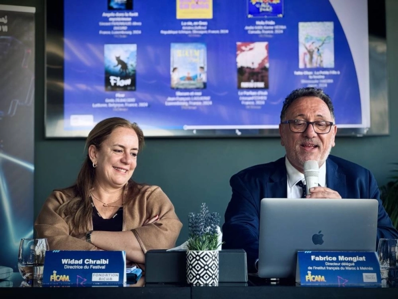 Widad Chraibi et Fabrice Mongiat lors de la conférence de presse du FICAM 2025 à Casablanca.