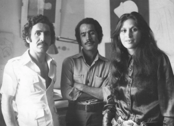 Latifa Toujani à la Galerie l'Atelier de Rabat en 1975 en compagnie de Dia Al- Azzawi et Salah Al Jumai.
