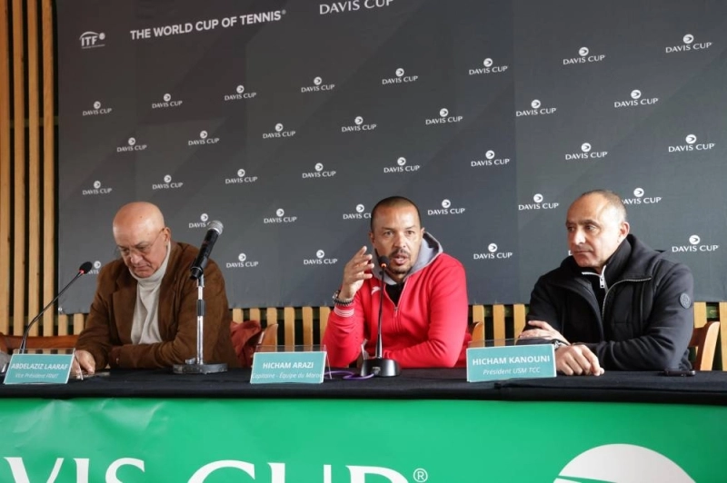 Le capitaine de l'équipe nationale Hicham Arazi lors de la conférence de presse de la Coupe Davis 2026 tenue le 3 février à l'USM Casablanca.