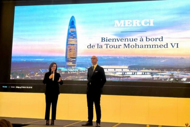 Leila Haddaoui, DG déléguée de la société O Tower et Guy Bertaud, DG de Waldorf Astoria Rabat-Salé, lors de la conférence de presse lundi 20 Avril 2026 à Rabat-Salé.