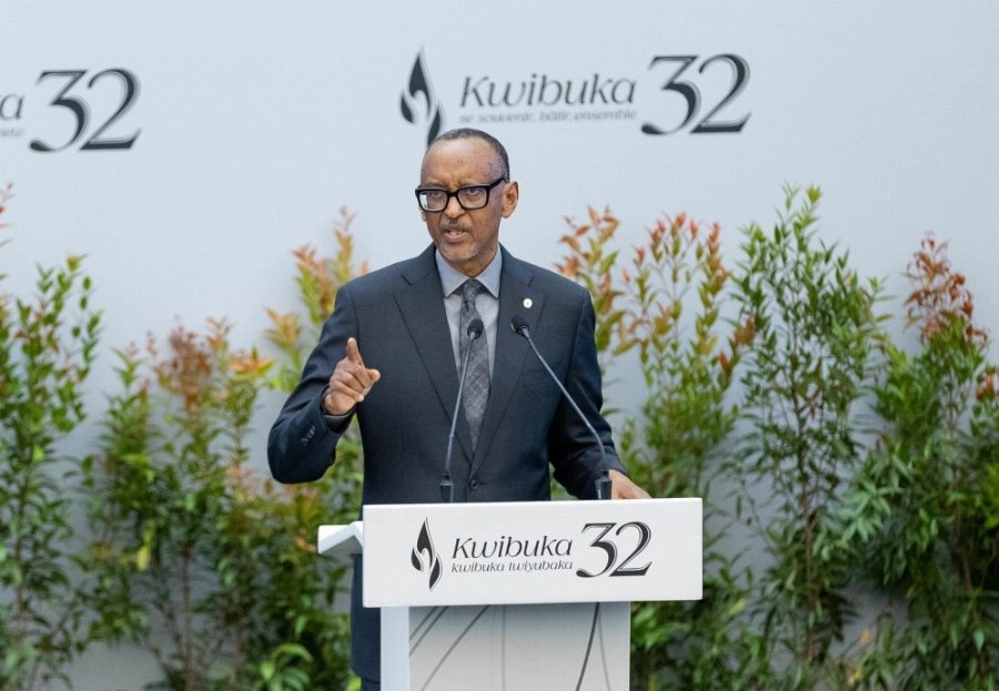 President Paul Kagame delivers his remarks at the 32nd commemoration of the 1994 Genocide against the Tutsi at Kigali Genocide Memorial on Tuesday, April 7. President Paul Kagame delivers his remarks at the 32nd commemoration of the 1994 Genocide against the Tutsi at Kigali Genocide Memorial on Tuesday, April 7.