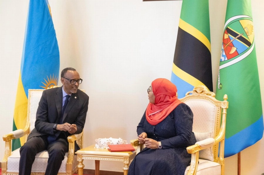 President Paul Kagame interacts with President Samia Suluhu Hassan in Dar es Salaam. President Paul Kagame interacts with President Samia Suluhu Hassan in Dar es Salaam.