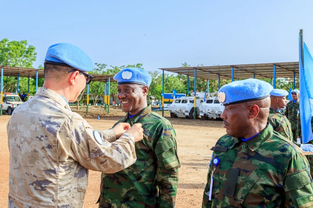 UNMISS Force Commander Major General Junhui Wu awards prestigious UN service medals to Rwandan peacekeepers serving under the United Nations Mission in South Sudan (UNMISS) during a ceremony held at the UN Base Camp in Malakal, Upper Nile State, on Monday, May 25. Courtesy UNMISS Force Commander Major General Junhui Wu awards prestigious UN service medals to Rwandan peacekeepers serving under the United Nations Mission in South Sudan (UNMISS) during a ceremony held at the UN Base Camp in Malakal, Upper Nile State, on Monday, May 25. Courtesy