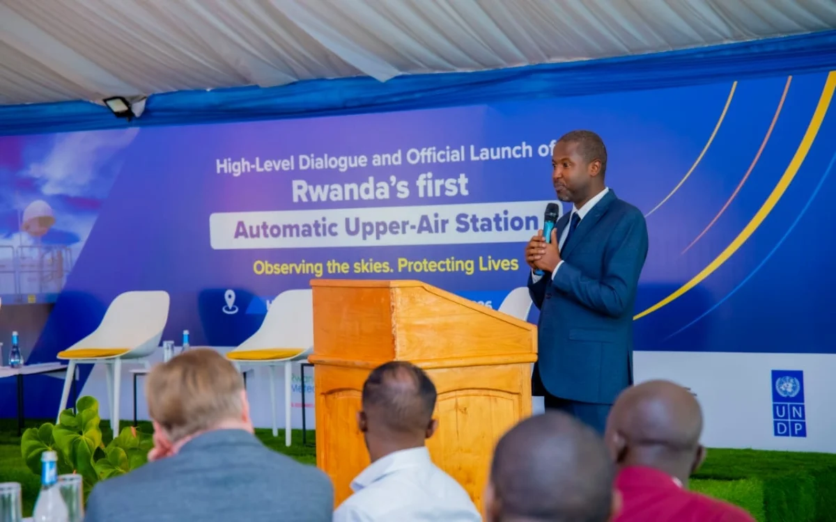 Aimable Gahigi, the Director General of Rwanda Meteorology Agency speaks at the launch in Huye. Courtesy Aimable Gahigi, the Director General of Rwanda Meteorology Agency speaks at the launch in Huye. Courtesy