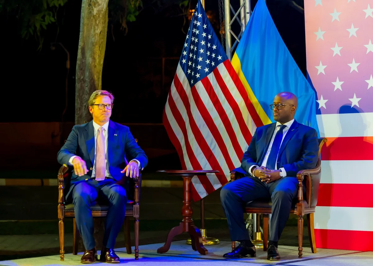 Minister of Foreign Affairs and International Cooperation Olivier Nduhungirehe and John Armiger, the Chargé d'Affaires at the US Embassy during event in Kigali on June 4. Courtesy Minister of Foreign Affairs and International Cooperation Olivier Nduhungirehe and John Armiger, the Chargé d'Affaires at the US Embassy during event in Kigali on June 4. Courtesy