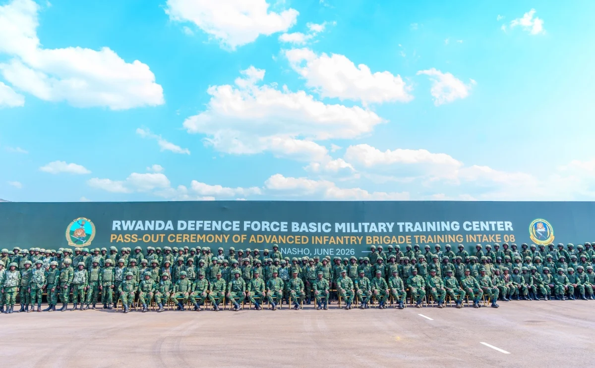 Senior officers pose for a photo with the graduates at the graduation ceremony of the Advanced Infantry Brigade Training (Intake 08) at the Basic Military Training Centre (BMTC) in Nasho, Kirehe District. Senior officers pose for a photo with the graduates at the graduation ceremony of the Advanced Infantry Brigade Training (Intake 08) at the Basic Military Training Centre (BMTC) in Nasho, Kirehe District.