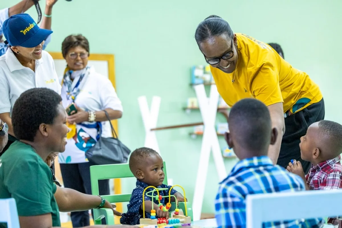 First Lady Jeannette Kagame plays with children during the inauguration of the first Imbuto Hub in Nyamata, Bugesera District, on Friday, July 24. Imbuto Hub is a community centre offering education, vocational training, health services, sports and recreational facilities. PHOTOS BY OLIVIER MUGWIZA First Lady Jeannette Kagame plays with children during the inauguration of the first Imbuto Hub in Nyamata, Bugesera District, on Friday, July 24. Imbuto Hub is a community centre offering education, vocational training, health services, sports and recreational facilities. PHOTOS BY OLIVIER MUGWIZA