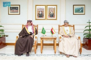 Minister of Media Salman Al-Dossary with Omani Minister of Information Abdullah Al Harrasi in Oman.