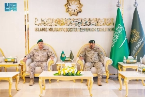 Islamic Military Counter Terrorism Coalition Secretary General Maj. Gen. Mohammed Al-Moghedi receives Commander of the Unified Military Command of the Gulf Cooperation Council Maj. Gen. Abdulaziz Al-Balawi in Riyadh on Wednesday.