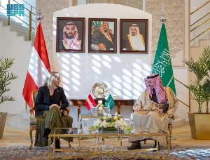Saudi Minister of Foreign Affairs Prince Faisal bin Farhan holds talks with Austrian Minister for European and International Affairs Beate Meinl-Reisinger in Riyadh on Thursday.