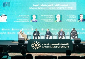 Ambassadors of South Africa, Spain, India and Djibouti attend a panel discussion at the 5th Saudi Media Forum in Riyadh on Tuesday.