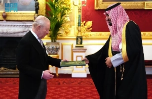 Prince Abdullah bin Khalid bin Sultan presents his credentials as Saudi Ambassador to the United Kingdom and Northern Ireland to King Charles III in London on Tuesday.
