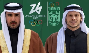 Saudi team participating in the 2026 Winter Olympics. Alpine skier Faik Abedi (left) and cross-country skier Rakan Alireza (right).