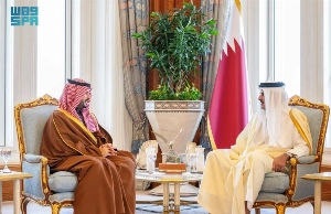 Emir of Qatar Sheikh Tamim bin Hamad Al Thani holds talks with Saudi Minister of Defense Prince Khalid bin Salman in Doha on Wednesday.