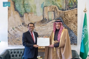 Ambassador of the Maldives to Saudi Arabia Ahmed Sareer hands the message for the Crown Prince to Deputy Minister of Foreign Affairs Eng. Waleed Al-Kheraiji in Riyadh on Thursday.