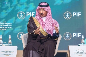 Tourism Minister Ahmed Al-Khateeb speaking at the PIF Private Sector Forum on Monday.