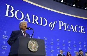 US President Donald Trump speaks while introducing the Peace Commission on stage at the World Economic Forum (WEF) held in Davos on January 22nd.