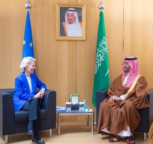 Saudi Crown Prince Mohammed bin Salman meets with European Commission President Ursula von der Leyen on the sidelines of the Gulf-European Summit (File Photo).