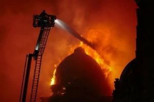The Fire Brigade fight a blaze in the vicinity of Central Station in Glasgow, Scotland, on March 8, 2026.