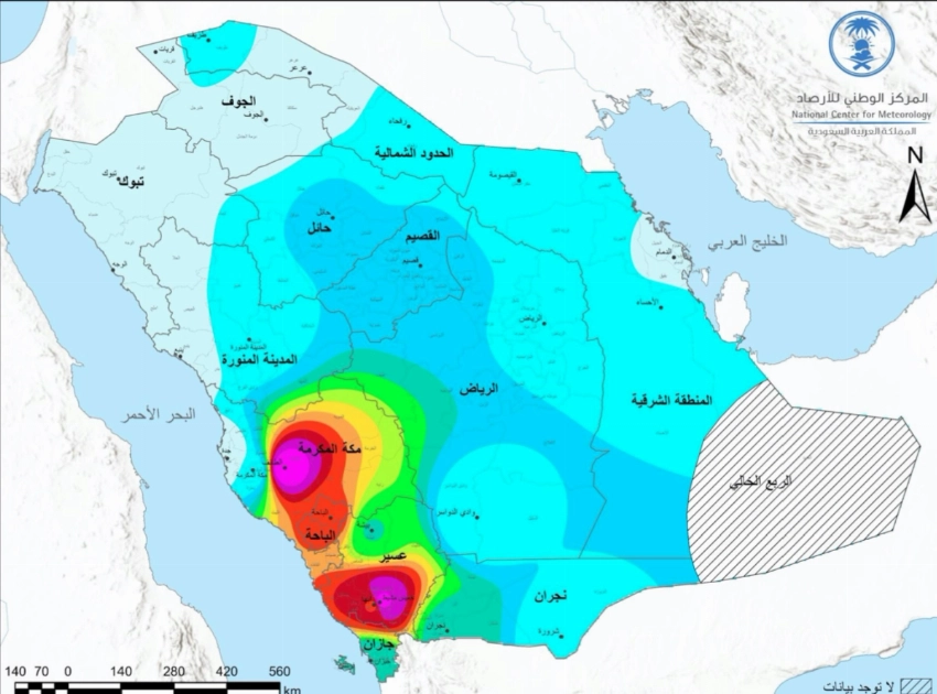 خريطة المركز الوطني للأرصاد توضح التوزيع المكاني لهطول الأمطار (مم) على مستوى المملكة العربية السعودية خلال شهر مايو للفترة (1991–2020).