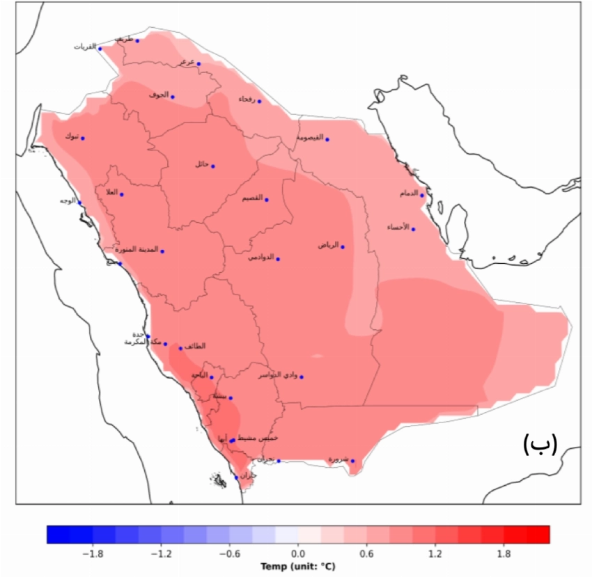 الانحراف المتوقع عن متوسط متوسط درجات الحرارة للفترة من مايو إلى يوليو (تقرير المركز الوطني للأرصاد الجوية).
