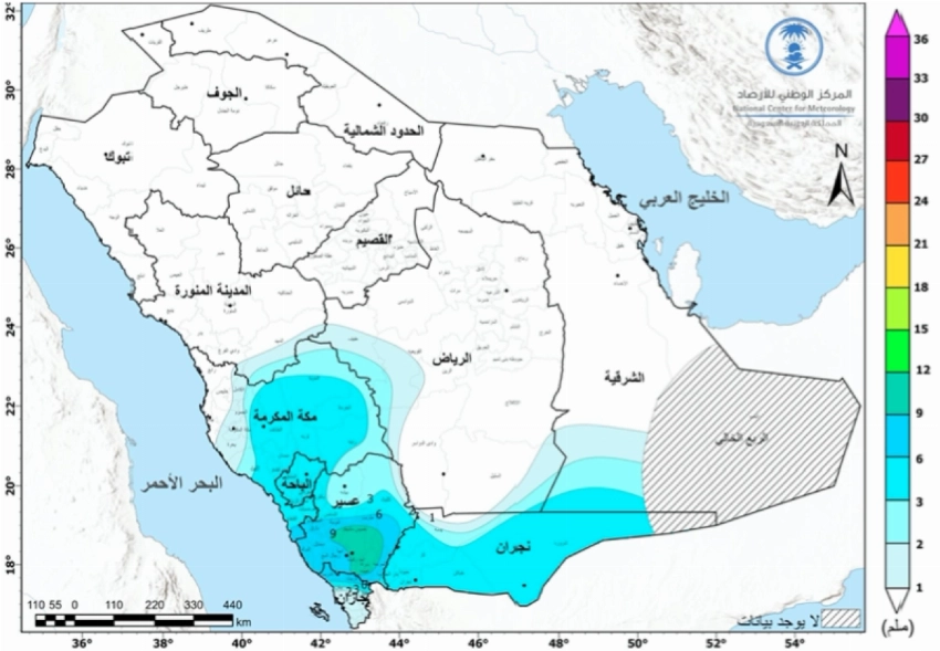 يوضح شكل المركز الوطني للأرصاد تركز هطول الأمطار لشهر يونيو في المنطقة الجنوبية الغربية للمملكة.