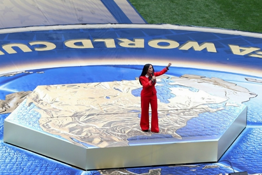 Mexican actor Selma Hayek speaks during the pre-game show before the opening match of the FIFA World Cup 2026 between Mexico and South Africa in Mexico City. — EPA