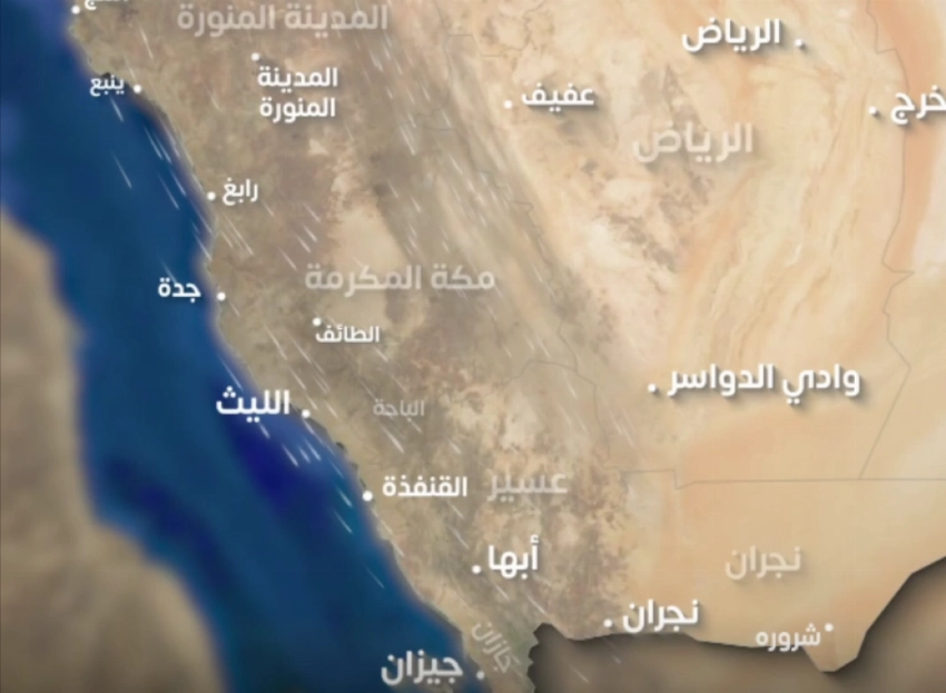خريطة NCM المتحركة توضح المناطق المتوقع تأثرها بالرياح المثيرة للغبار.