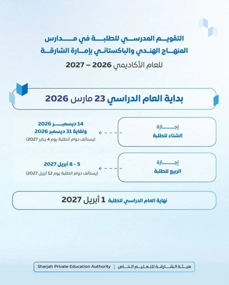الشارقة للتعليم الخاص تعتمد التقويم المدرسي للعام الأكاديمي 2026 – 2027