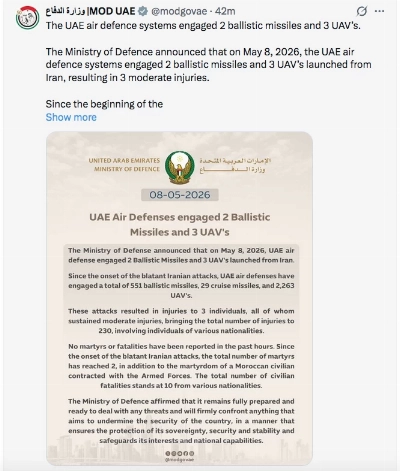 UAE air defences intercept 2 ballistic missiles, three drones; 3 injured