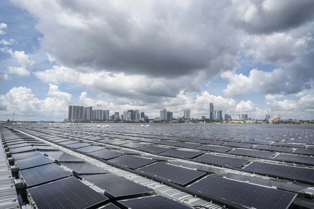 A floating solar farm in the sea off the coast of Singapore A floating solar farm in the sea off the coast of Singapore