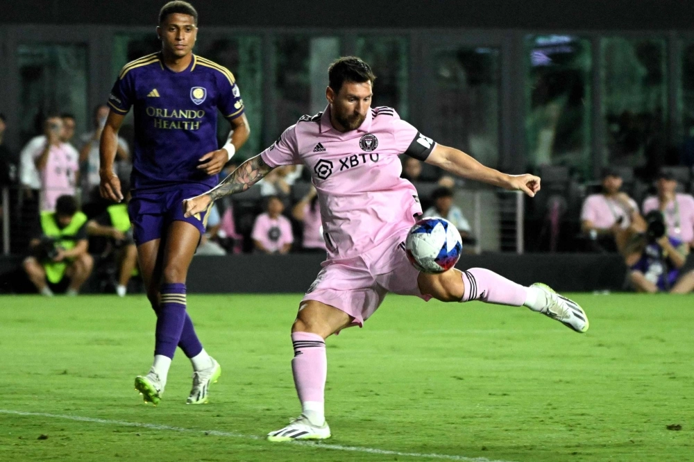 Inter Miami's Lionel Messi scores against Orlando City during the first round of the Leagues Cup in Fort Lauderdale, Florida, on Wednesday. Inter Miami's Lionel Messi scores against Orlando City during the first round of the Leagues Cup in Fort Lauderdale, Florida, on Wednesday.