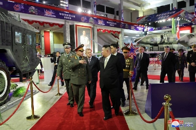 North Korean leader Kim Jong Un and Russia's Defense Minister Sergei Shoigu visit an exhibition of military equipment on July 27. North Korean leader Kim Jong Un and Russia's Defense Minister Sergei Shoigu visit an exhibition of military equipment on July 27.