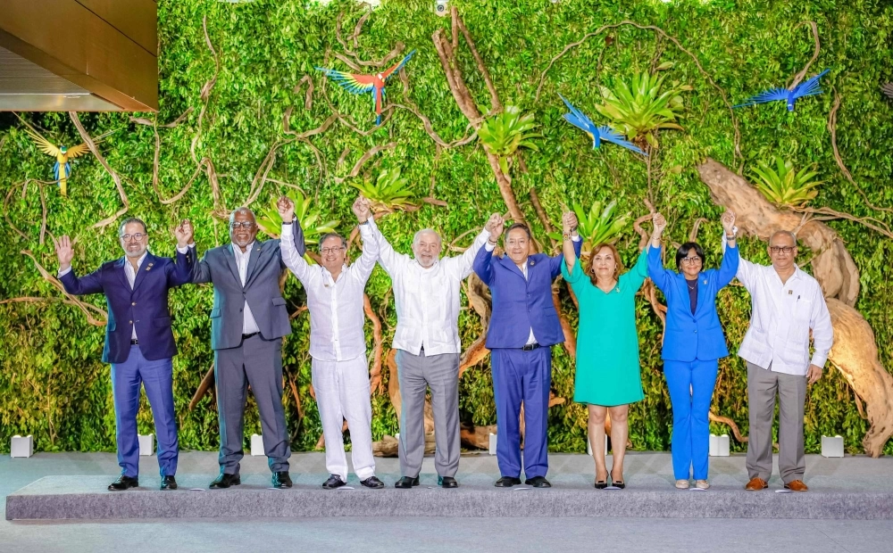 Leaders, vice presidents and foreign ministers from Ecuador, Guyana, Colombia, Brazil, Bolivia, Peru, Venezuela and Suriname pose for a family photo during the Amazon Summit IV Meeting of Presidents of States Parties to the Amazon Cooperation Treaty in Belem, Brazil, on Tuesday. Leaders, vice presidents and foreign ministers from Ecuador, Guyana, Colombia, Brazil, Bolivia, Peru, Venezuela and Suriname pose for a family photo during the Amazon Summit IV Meeting of Presidents of States Parties to the Amazon Cooperation Treaty in Belem, Brazil, on Tuesday.