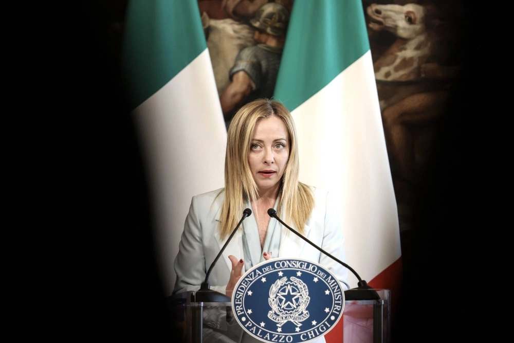 Giorgia Meloni, Italy's prime minister, speaks during a joint news conference following her meeting with Olaf Scholz, Germany's chancellor, at the Chigi Palace in Rome on June 8.  Giorgia Meloni, Italy's prime minister, speaks during a joint news conference following her meeting with Olaf Scholz, Germany's chancellor, at the Chigi Palace in Rome on June 8.