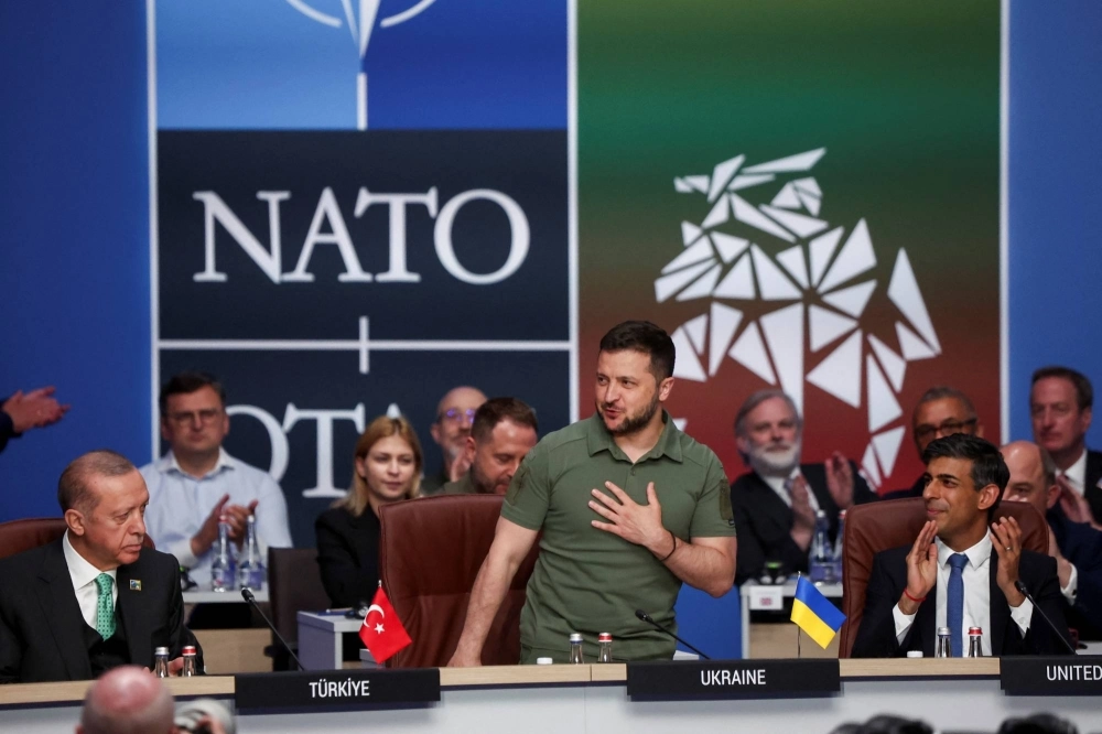 Ukrainian President Volodymyr Zelenskyy meets with NATO’s leaders at the bloc’s summit in Vilnius, Lithuania, on July 12.  Ukrainian President Volodymyr Zelenskyy meets with NATO’s leaders at the bloc’s summit in Vilnius, Lithuania, on July 12.