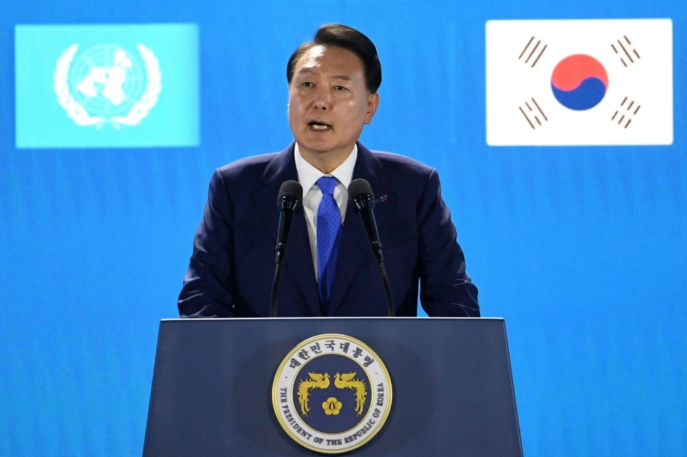 South Korean President Yoon Suk-yeol speaks during a ceremony commemorating the 70th Anniversary of the Korean War Armistice Agreement at Busan Cinema Center in Busan, South Korea, on July 27. South Korean President Yoon Suk-yeol speaks during a ceremony commemorating the 70th Anniversary of the Korean War Armistice Agreement at Busan Cinema Center in Busan, South Korea, on July 27.