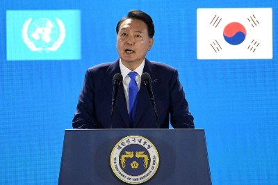 South Korean President Yoon Suk-yeol speaks during a ceremony commemorating the 70th Anniversary of the Korean War Armistice Agreement at Busan Cinema Center in Busan, South Korea, on July 27. South Korean President Yoon Suk-yeol speaks during a ceremony commemorating the 70th Anniversary of the Korean War Armistice Agreement at Busan Cinema Center in Busan, South Korea, on July 27.