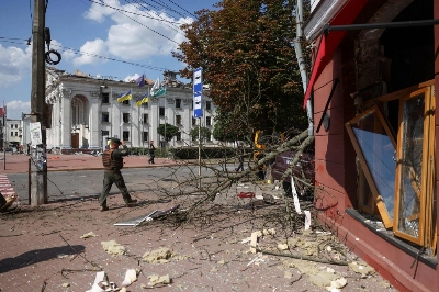 The site of a missile strike in the center of Chernihiv, Ukraine, on Saturday The site of a missile strike in the center of Chernihiv, Ukraine, on Saturday
