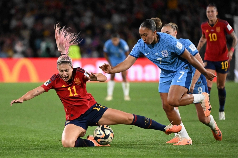 Spanish midfielder Alexia Putellas (left) battles for the ball against English forward Lauren James during in the final of the 2023 FIFA Women's World Cup in Sydney on Sunday. Spain won the match 1-0. 
 Spanish midfielder Alexia Putellas (left) battles for the ball against English forward Lauren James during in the final of the 2023 FIFA Women's World Cup in Sydney on Sunday. Spain won the match 1-0.