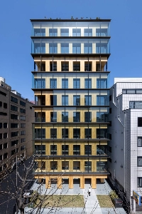The Port Plus building in Yokohama. Obayashi estimates that the Port Plus building reduces life-cycle carbon dioxide emissions by about 1,700 tons — a 40% cut in comparison to a similar building built using steel. | Courtesy of Obayashi Corp.