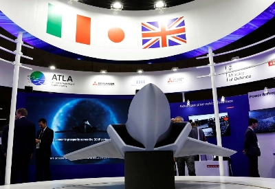A concept model of the Global Combat Air Programme's fighter jet is displayed at the DSEI Japan defense show at Makuhari Messe in Chiba in March.  A concept model of the Global Combat Air Programme's fighter jet is displayed at the DSEI Japan defense show at Makuhari Messe in Chiba in March.