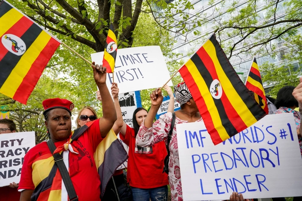 Anti-World Bank protestors gather outside where the International Monetary and Financial Committee’s plenary session was being held in Washington in mid-April.   Anti-World Bank protestors gather outside where the International Monetary and Financial Committee’s plenary session was being held in Washington in mid-April.