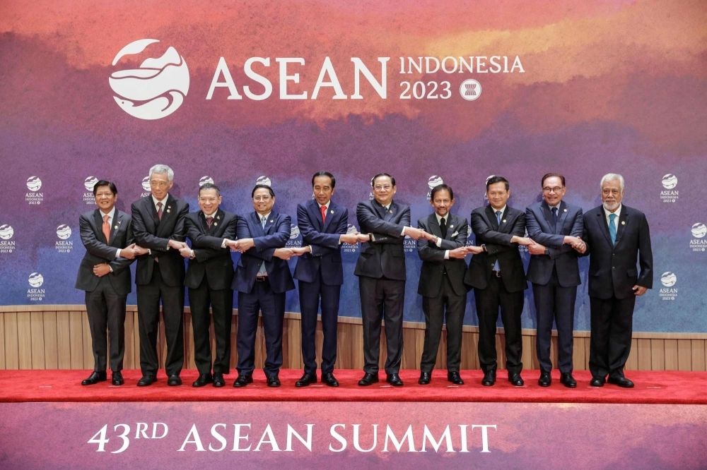 Leaders and officials from Southeast Asia pose for a family photo during the ASEAN Summit in Jakarta on Tuesday. 
  Leaders and officials from Southeast Asia pose for a family photo during the ASEAN Summit in Jakarta on Tuesday.