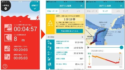 A screenshot of the Nigetore app (left) five minutes after the start of practice evacuation using a 15-minute setting for “preparation time.” On the right, two screenshots show the outcomes of drills and a map indicating an evacuation route with tsunami inundation areas highlighted. A screenshot of the Nigetore app (left) five minutes after the start of practice evacuation using a 15-minute setting for “preparation time.” On the right, two screenshots show the outcomes of drills and a map indicating an evacuation route with tsunami inundation areas highlighted.