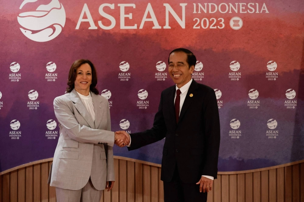 U.S. Vice President Kamala Harris (left) shakes hands with Indonesia's President Joko Widodo before their bilateral meeting on the sidelines of the 43rd ASEAN Summit in Jakarta on Wednesday. U.S. Vice President Kamala Harris (left) shakes hands with Indonesia's President Joko Widodo before their bilateral meeting on the sidelines of the 43rd ASEAN Summit in Jakarta on Wednesday.